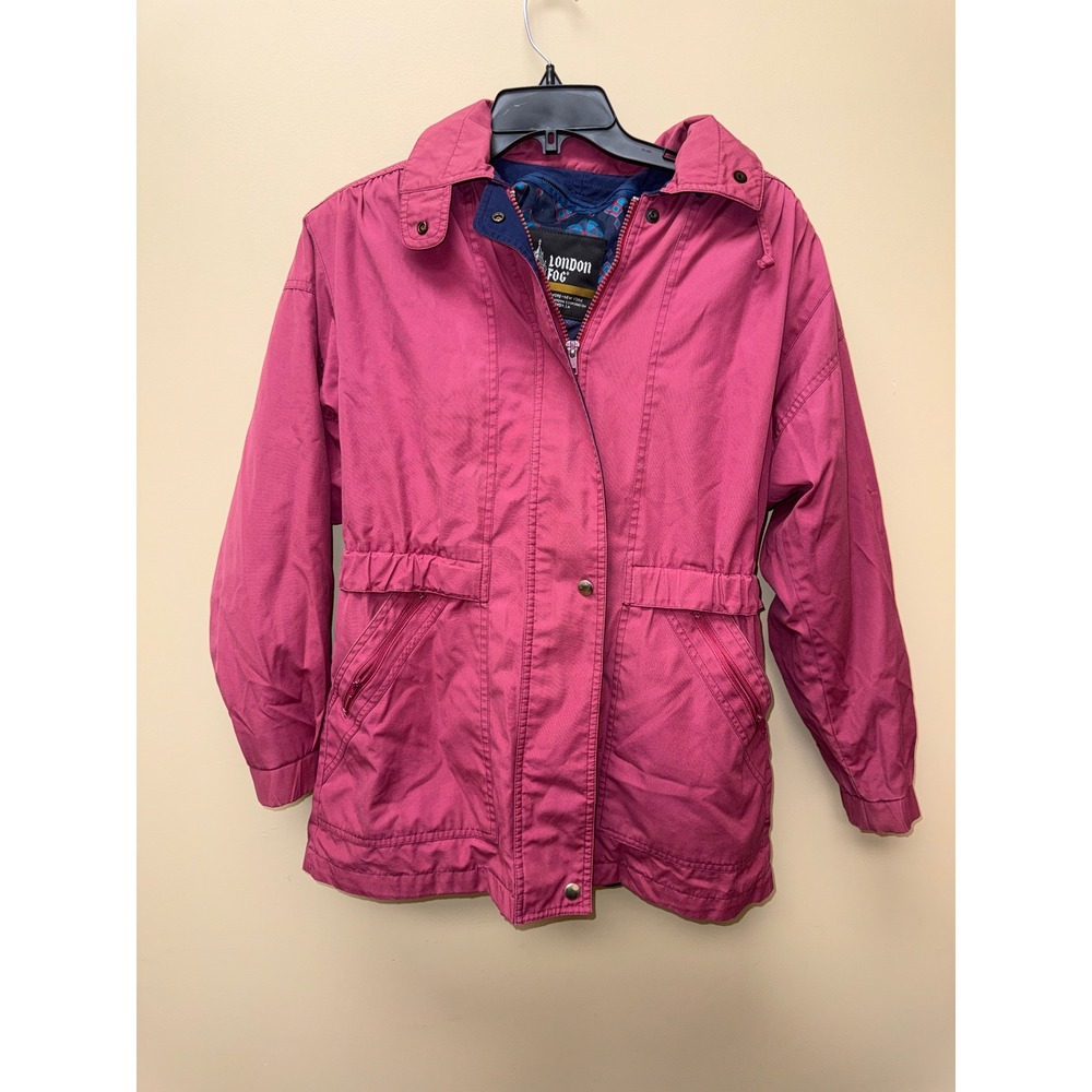 London Fog Vintage Raspberry Pink Hooded Rain Jacket Womens Small Cinched Waist